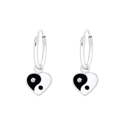 Children's Silver Ear Hoop with Hanging Epoxy Yin-Yang Heart and Crystal