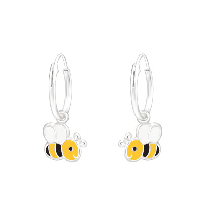 Children's Silver Ear Hoops with Hanging Bee and Epoxy