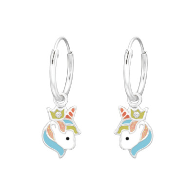 Children's Silver Hanging Unicorn Ear Hoops with Crystal and Epoxy