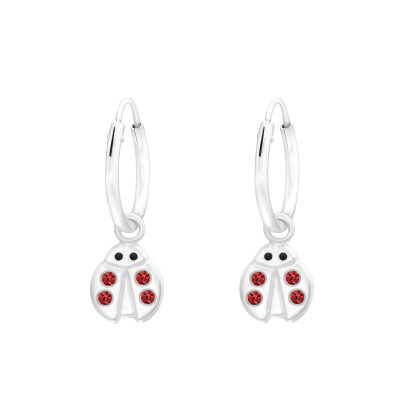 Children's Silver Hoops with Hanging Ladybug Epoxy and Crystal