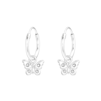 Children's Silver Ear Hoops with Hanging Butterfly and Crystal