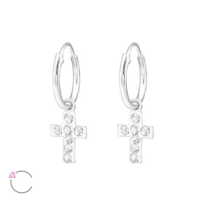 Children's Silver Ear Hoop with Hanging Cross and Genuine European Crystals