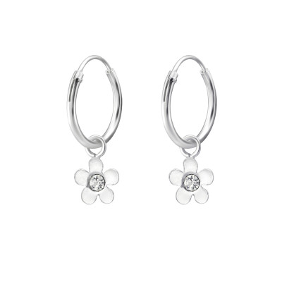 Children's Silver Ear Hoop with Hanging Flower and Crystal