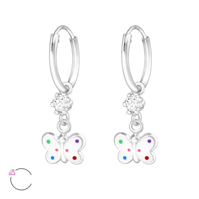 Children's Silver Ear Hoop with Hanging Epoxy Butterfly and Genuine European Crystals