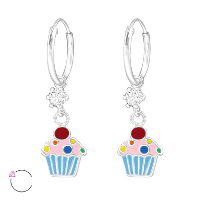 Children's Silver Ear Hoop with Hanging Epoxy Cupcake and Genuine European Crystals