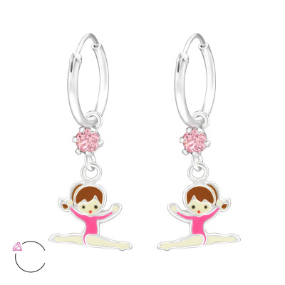 Children's Silver Ear Hoop with Hanging Epoxy Gymnast and Genuine European Crystals