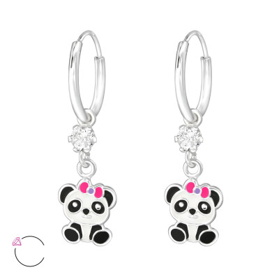 Children's Silver Ear Hoop with Hanging Epoxy Panda and Genuine European Crystals