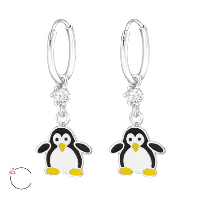 Children's Silver Ear Hoops with Hanging Penguin and Genuine European Crystals