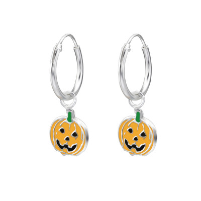 Children's Silver Ear Hoop with Hanging Pumpkin and Epoxy