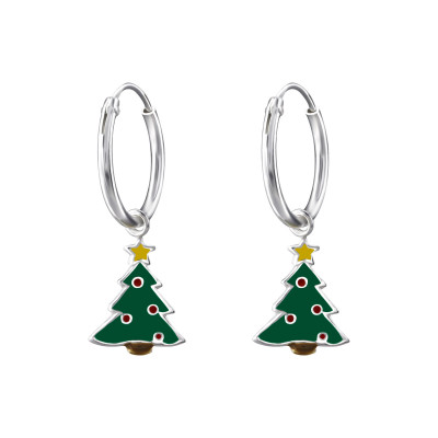 Children's Silver Ear Hoop with Hanging Christmas Tree and Epoxy