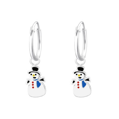 Children's Silver Ear Hoop with Hanging Snowman and Epoxy