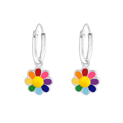 Children's Silver Ear Hoops with Hanging Flower and Epoxy