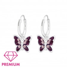 Premium Children's Silver Ear Hoop with Hanging Butterfly and Crystal