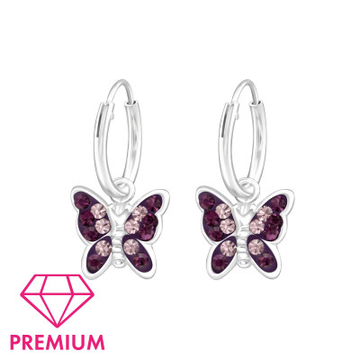 Premium Children's Silver Ear Hoop with Hanging Butterfly and Crystal