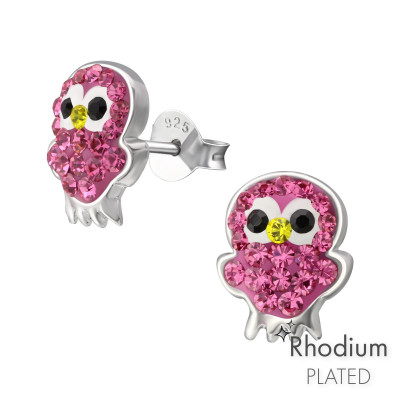 Owl Children's Sterling Silver Ear Studs with Crystal