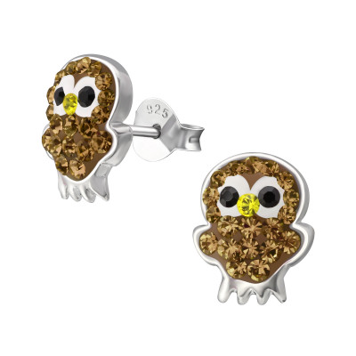 Owl Children's Sterling Silver Ear Studs with Crystal