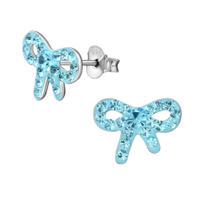 Children's Silver Bow Ear Studs with Crystal