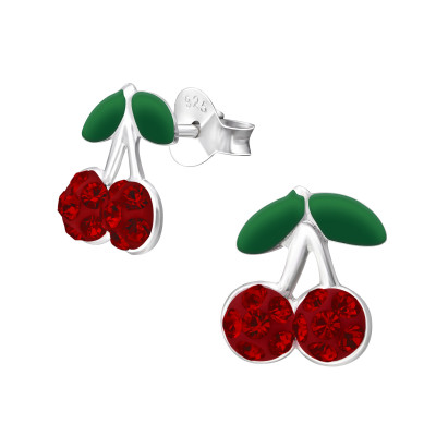 Children's Silver Cherry Ear Studs with Crystal and Epoxy