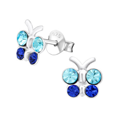 Children's Silver Butterfly Ear Studs with Crystal