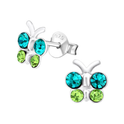 Children's Silver Butterfly Ear Studs with Crystal