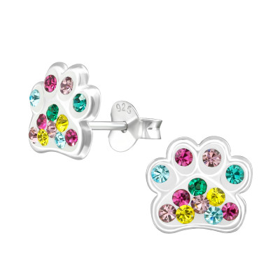 Children's Silver Paw Print Ear Studs with Crystal