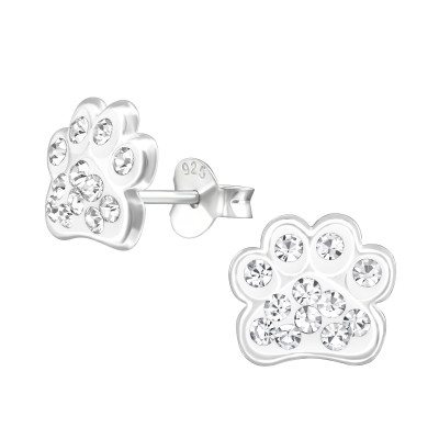 Children's Silver Paw Print Ear Studs with Crystal