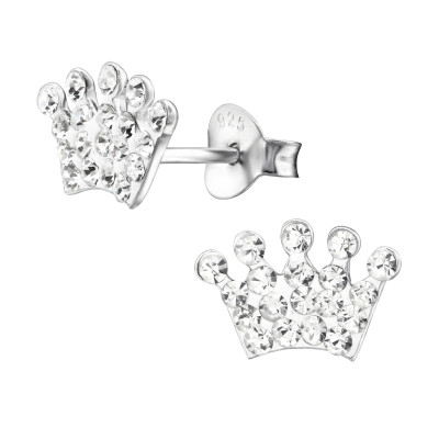 Children's Silver Crown Ear Studs with Crystal