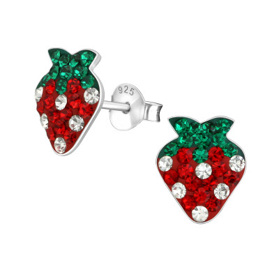 Children's Silver Strawberry Ear Studs with Crystal