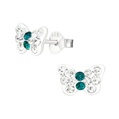 Children's Silver Butterfly Ear Studs with Crystal