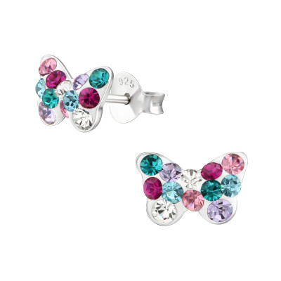 Children's Silver Butterfly Ear Studs with Crystal