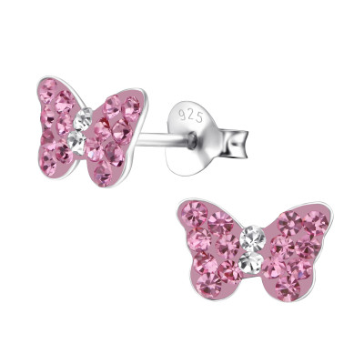 Children's Silver Butterfly Ear Studs with Crystal