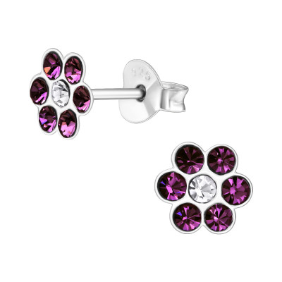 Children's Silver Flower Ear Studs with Crystal