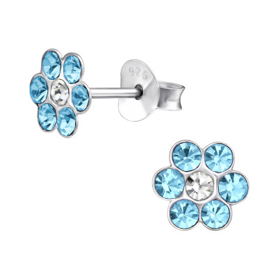 Children's Silver Flower Ear Studs with Crystal