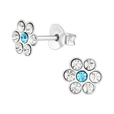 Children's Silver Flower Ear Studs with Crystal