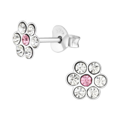 Children's Silver Flower Ear Studs with Crystal