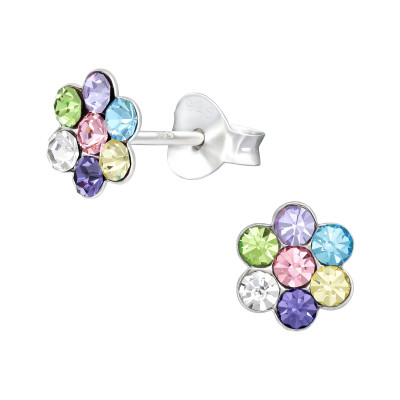 Children's Silver Flower Ear Studs with Crystal