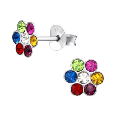 Children's Silver Flower Ear Studs with Crystal