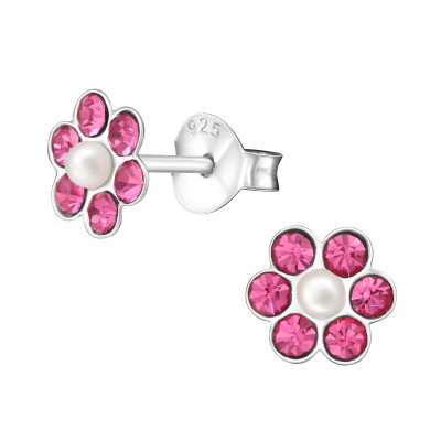 Children's Silver Flower Ear Studs with Synthetic Pearl and Crystal