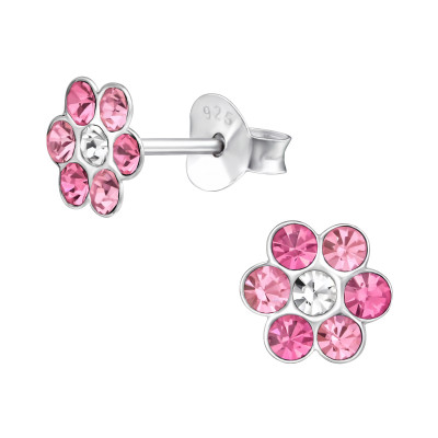 Children's Silver Flower Ear Studs with Crystal