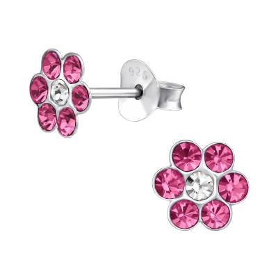 Children's Silver Flower Ear Studs with Crystal