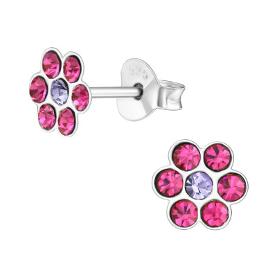 Children's Silver Flower Ear Studs with Crystal