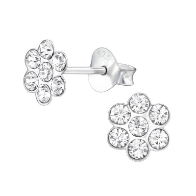 Children's Silver Flower Ear Studs with Genuine European Crystals