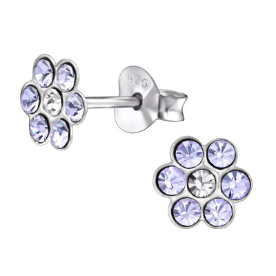 Children's Silver Flower Ear Studs with Crystal
