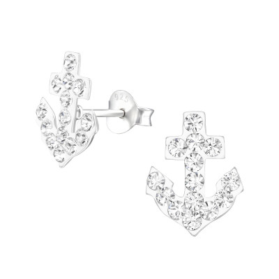 Children's Silver Anchor Ear Studs with Genuine European Crystals