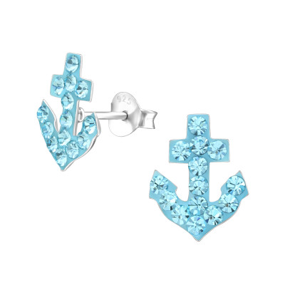 Children's Silver Anchor Ear Studs with Crystal