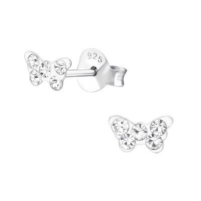 Children's Silver Butterfly Ear Studs with Crystal