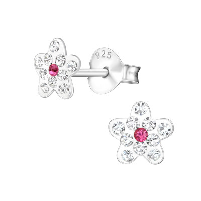 Children's Silver Flower Ear Studs with Crystal