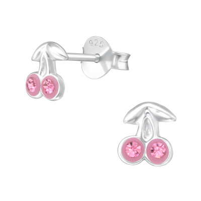 Children's Silver Cherry Ear Studs with Crystal