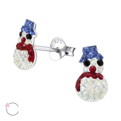 Children's Silver Snowman Ear Studs with Genuine European Crystals