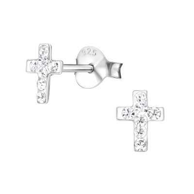 Children's Silver Cross Ear Studs with Crystal